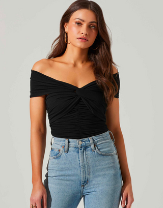 CORNELIA RUCHED OFF SHOULDER BODYSUIT