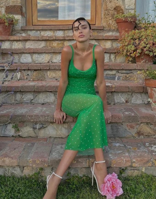MESH SCOOP MICRO POLKA DOT MAXI SLIP DRESS