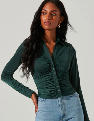 ROWELLA RUCHED BUTTON DOWN LONG SLEEVE TOP