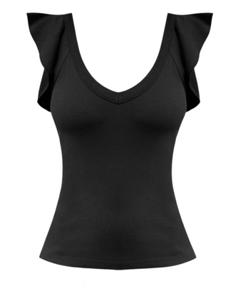 Ribbed Ruffle V Neck