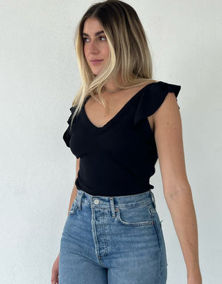 Ribbed Ruffle V Neck